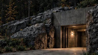 A sheltered entrance embedded in a rocky, forested hillside.